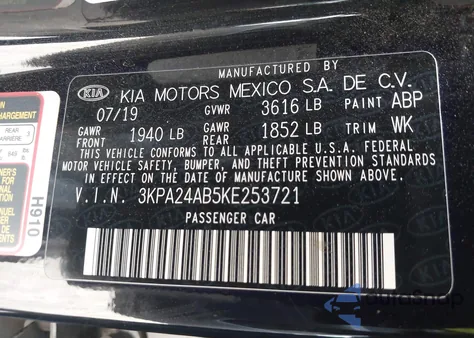 2019 Kia Rio Lx z USA, uszkodzony, nr VIN 3KPA24AB5KE253721